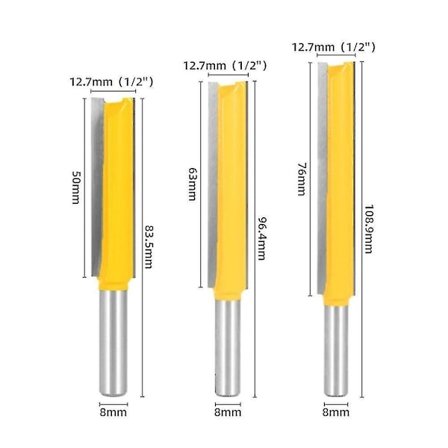 3 stk. 8 mm skaft ekstra lange fresekuttere, trebearbeidingskutter ekstra lang kutter rett endekutter