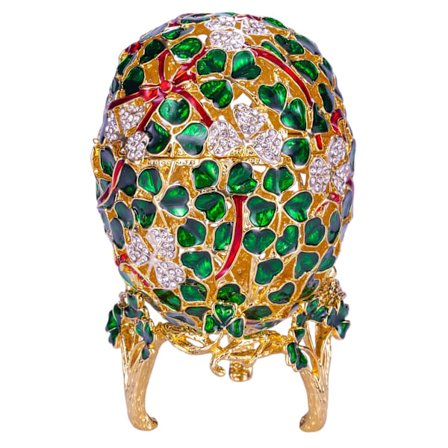 Faberge stil kløverblad udskåret æg Smykkeskrin 9,5 cm grøn