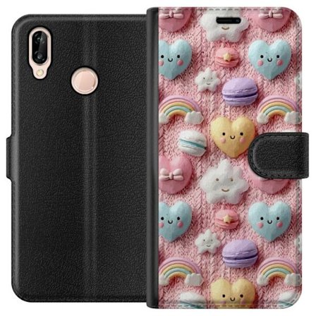 Kompatibelt Lommeboketui til Huawei P20 lite Pastellmotiv med hjerter, skyer, regnbuer og makroner mot rosa bakgrunn i en søt drømmende stil.