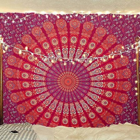 Wekity Hippie Bohemian Psykedeelinen Kultainen Sininen Riikinkukko Mandala Seinävaate Vuodevaatteet Verho (Sininen Punainen, Koko: 59.1" x 78.7")