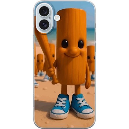 Kompatibelt Mobilskal till Apple Apple iPhone 16 Plus Italiensk hjärnsvag strandtema - Träfigur med blåa skor och basebollträ