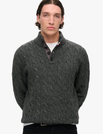 Superdry Cable Button Neck Jumper - Grey - M