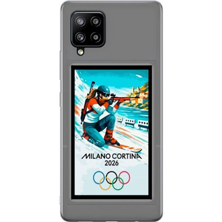 Kompatibelt Mobildeksel til Samsung Galaxy A42 5G Retroplakat Cortina Milano 2026 med fjell, vintersportsutøvere, italienske trikolor, Milano-katedral