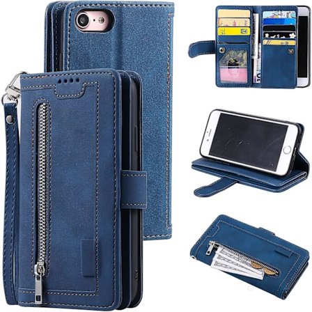 Lommeboketui for iPhone SE 2022 5G/iPhone 7/iPhone 8/iPhone SE 2020, 9 kortspor lommebok veske PU lær etui blå