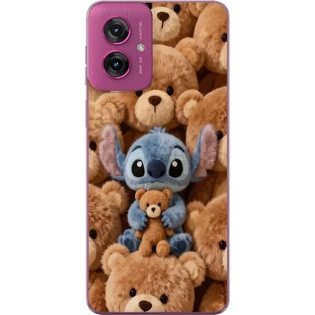 Kompatibelt Mobildeksel til Motorola Moto G55 Stitch omgitt av brune teddybjørner med en liten teddybjørn i fanget i en søt og koselig kawaii-design