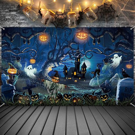 Halloween-koristetausta, pelottava metsä, kammottava hautausmaa, kauhukurpitsat, hautausmaatausta, kummitustalon banneri, 200 x 150 cm