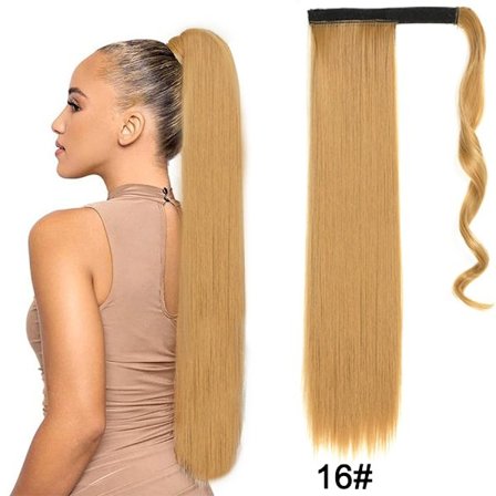 22" syntetiska hästsvansförlängningar linda runt lång rak falsk hästsvans Mjuk klämma i hårförlängningar Pony Tail falskt hår