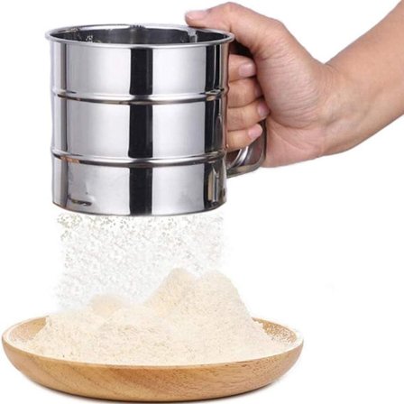 Mel og melis sikt, med håndtak, rustfritt stål, sølv