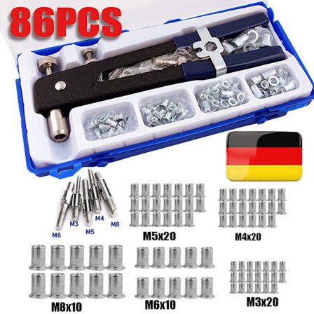 86-dele popnittemøtrikker M3-M8 gevindnitter med popnittetang popnittemøtriktangsæt