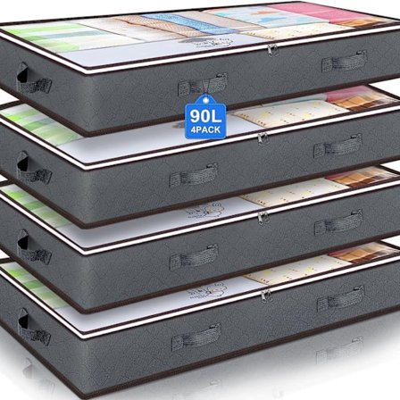 4-pak 90 Liters Opbevaringsposer til Under Sengen - Store Opbevaringsorganisatorer - Foldbar Stofgarderobeopbevaring med Lynlåse og Forstærkede 
