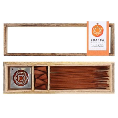 Sacral Chakra Rökelse Presentuppsättning i trä låga o glas lock