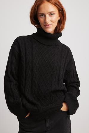 NA-KD Pull col roulé en maille torsadée - Tricot épais - Noir - X-Small