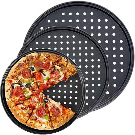 Pizzastålsæt - 26 cm, 28 cm & 32 cm pizzabakkeform i kulstofstål med ventilationshuller - ovnsikker - til hjemmet og køkkenet