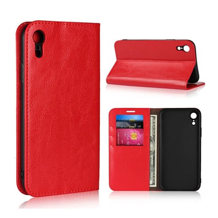iPhone Xr Äkta läder plånboks mobilfodral - vildhäst texture - Röd