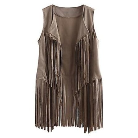 Dame Tassel Ærmeløs Vest 70'erne 1970'erne Vintage Party Hippie Faux Suede Fringe Jakke Cardigan (S Beige)