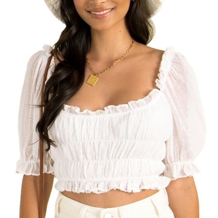 Neliöpääntie Puff-hihainen röyhelöreunainen erittäin lyhyt toppi naisten kesämuoti valkoinen