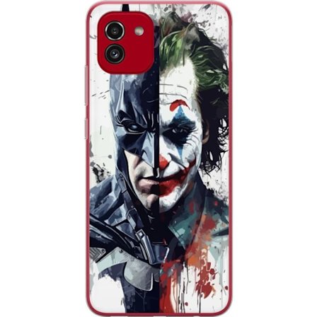 Kompatibelt Mobildeksel til Samsung Samsung Galaxy A03 Delt portrett av Batman og Joker i dramatisk illustrasjon, ikonisk superhelt motiv med mørk ku