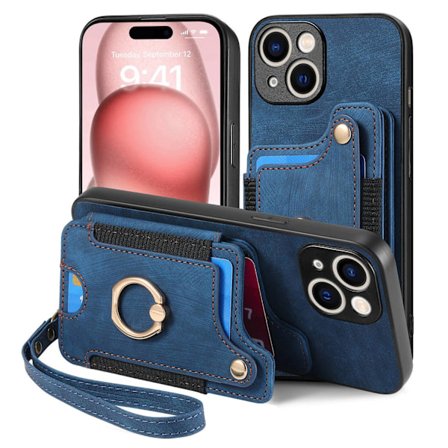 Fodral för iPhone 6 Plus/7 Plus/8 Plus blått [med läderrem] enkelt korthållare plånbok