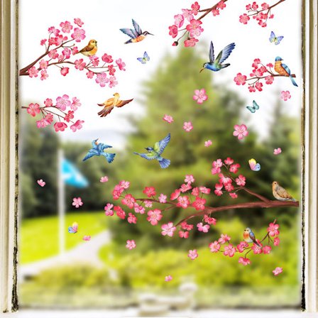Vindusklistremerker Blomster Fugler på Gren Anti-kollisjon Kirsebærblomster Dekaler Ikke-klebende Glassklistremerker Vinduer Dør Baderom Dekaler