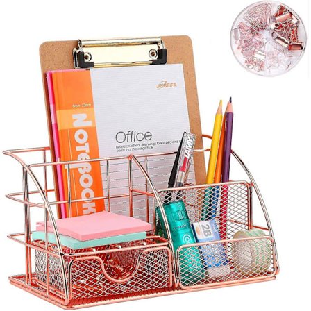 Skrivebordsarrangør med skuff, rosegullfarget, oppbevaringsrom