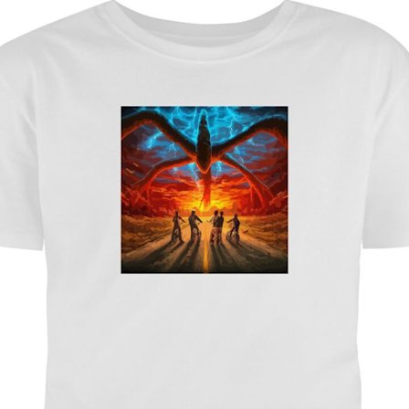 T-Shirt Dramatisk fantasyillustrasjon med et enormt overnaturlig monster, lyn og syklende barn på vei mot en glødende horisont.