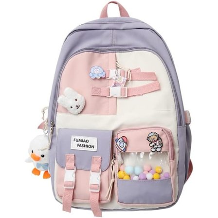 Kawaii rygsæk med nåle ællinger tilbehør, æstetisk dagtaske japansk pastel bærbar computer sød tilbage til skolen