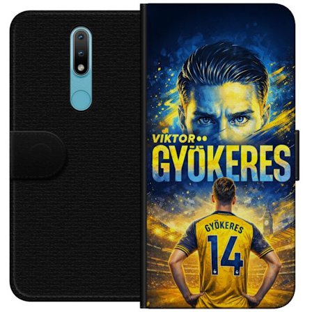 Yhteensopiva Lompakkokotelo Nokia Nokia 2.4 Viktor Gyökeres jalkapallojuliste keltaisella ja sinisellä värimaailmalla, dramaattinen stadiontausta,