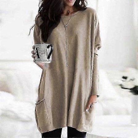 Dam Plus Size Långärmad Tunika Toppar Rundhals Lättvikts Sweatshirt Casual Oversized T-shirts Med Fickor(s-5x)-Yvan