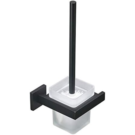 360x140x55mm Toalettbørste med Holder Veggmontert med Feste, Svart, 304 Rustfritt Stål og Matt Glass for Bad