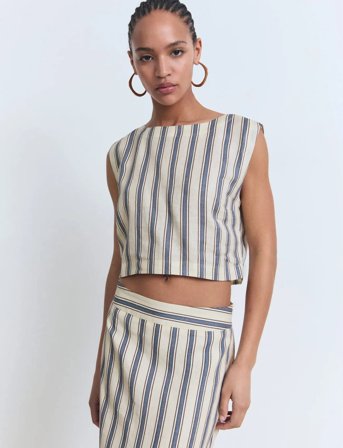 Mango Striped Linen Top - Cream - L