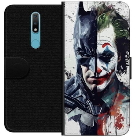 Yhteensopiva Lompakkokotelo Nokia Nokia 2.4 Jakettu muotokuva Batmanista ja Jokerista dramaattisessa kuvituksessa, kuvankaunis supersankariteema tumma