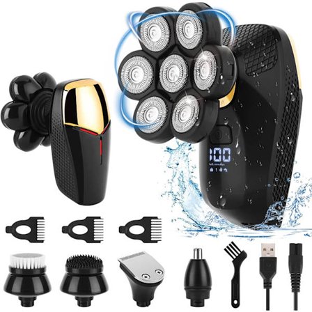 Elektrisk Rakapparat för Män, 5 i 1 Rakapparater med 7D Roterande Huvuden Sladdlösa Skäggtrimmer Nästrimmer Hårtrimmer IPX7 Vattentät USB Laddningsbar
