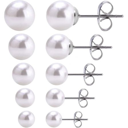 /EA/ 5 par örhängen med pärlor, blandade storlekar, 4 mm, 5 mm, 6 mm, 7 mm, 8 mm runda örhängen i rostfritt stål