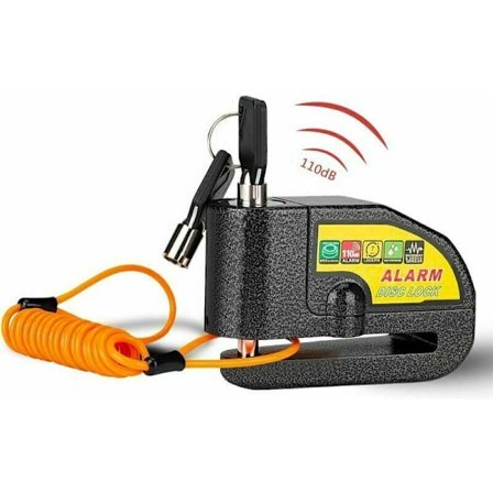 Antilåsing Alarm Disc Block for Motorsykkel og Scooter - Låsesystem med 110db Alarm - Levert med 2 Nøkler, 1,5m Antilåsing Kabel og 1 Bæreveske (Svart