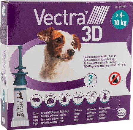 Vectra 3D Spot-on-opløsning til hunde 4-10 kg 3 pak, Tøj & Bolig, Flåter & Lopper, Flåt- Og Loppemiddel Til Hunde