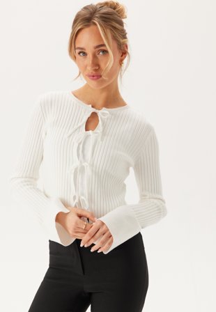 Bubbleroom - Knitted Bow Cardigan - Offwhite - Kläder