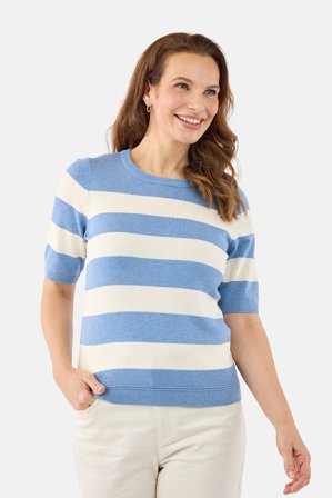 JENSEN - Kortærmet Strik - Blå / Råhvid - Stribet