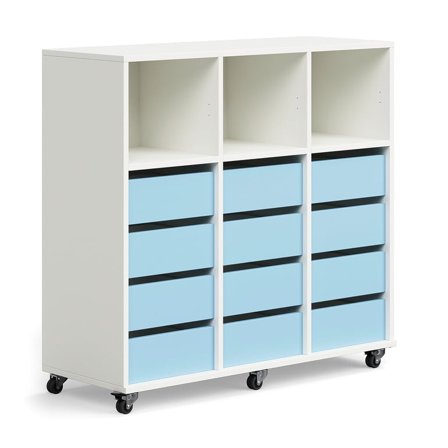 Schüleraufbewahrung CASPER, 12 Schubladen, 3 obere Fächer, weiß, himmelblau