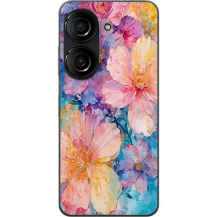 Yhteensopiva Puhelinkuori Asus Asus Zenfone 10 Vesivärimaalaus suurilla kukilla vaaleanpunaisissa, sinisissä ja keltaisissa sävyissä pehmeässä t