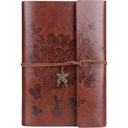 A5 (Brun) Läderanteckningsbok - Läderresejournal med spiralbindning och linjerat papper, klassiska retro präglade hängen