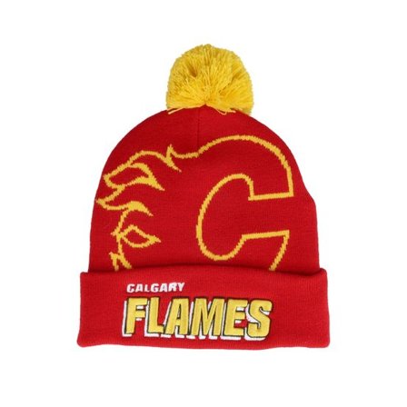 Mitchell & Ness - NHL Röd pom Beanie - Calgary Flames Punch Out Knit Red Pom @ Hatstore