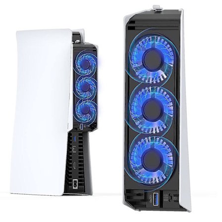 PS5-køleblæser med 3 højhastighedsblæsere til PS 5 Digital & Disc Edition, Støjsvag ekstern USB-køler til spillekonsol med ekstra USB-hub