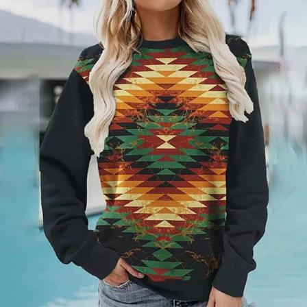 Långärmad Tröja Med Geometriskt Print För Damer Baggy Sweatshirts