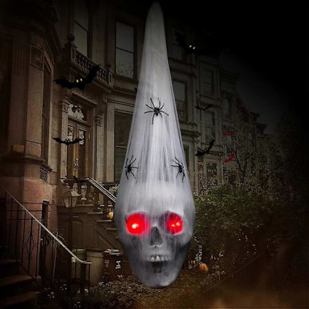 Halloween-dekorasjoner utendørs hengende 20" Skummel hodeskalle med LED røde øyne og skummel lyd stemmeaktivert, hjemsøkte husrekvisitter for 