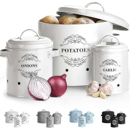 Hvidløgskurve Metalsæt med 3 løgkrukker - kartoffelkrukke. Løgpotte. Hvidløgskrukke.