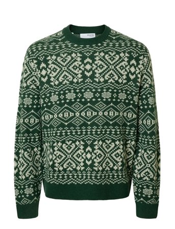 Slhholger Ls Knit Jaquard Crew Neck Green Selected