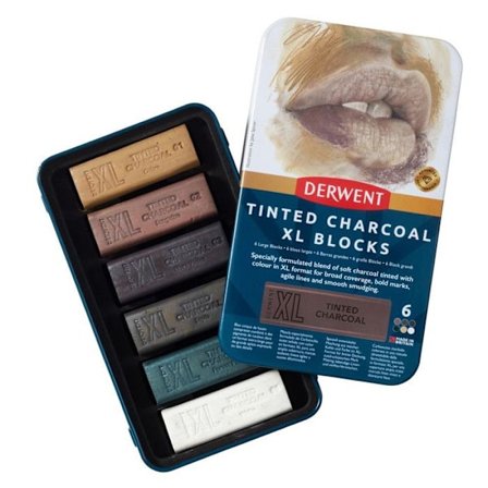 DERWENT - XL TINTED CHARCOAL - metalllåda med 6 akvatonade kolblock