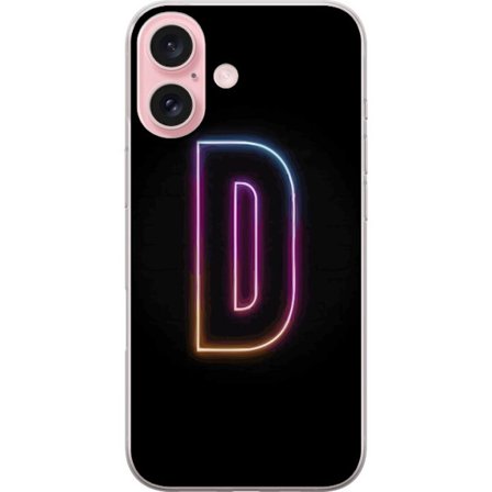 Kompatibel Mobilcover til Apple Apple iPhone 16 Minimalistisk neonbogstav D i farveskiftende lys mod sort baggrund i moderne digital design