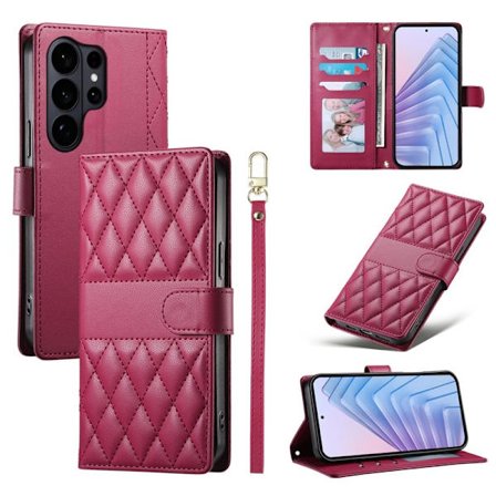 Samsung Galaxy S26 Ultra Plånboksfodral Rhombus Sömnad Konstläder - Röd