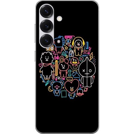 Kompatibel Mobilcover til Samsung Galaxy S25 Farverig BT21 neonillustration fyldt med legende figurer, symboler og detaljer i en rund komposition, der
